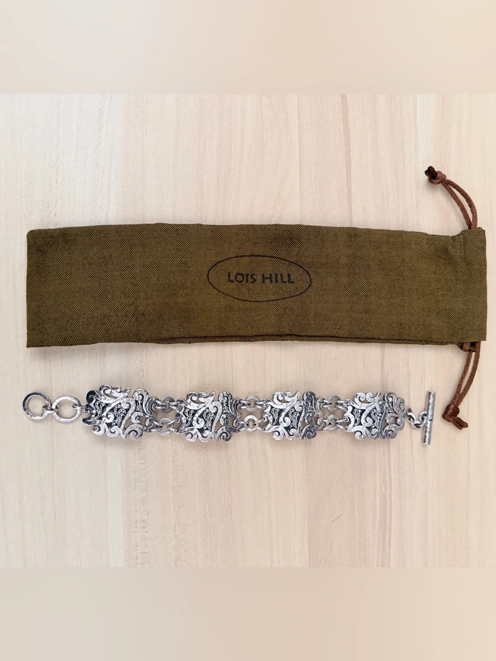 Lois Hill Silver Ornate Filigree Link Bracelet with Pouch